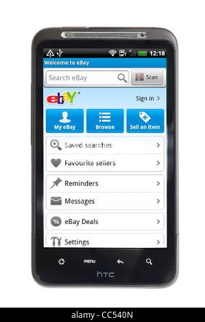 Utilisation de l'application android eBay sur un smartphone HTC Banque D'Images
