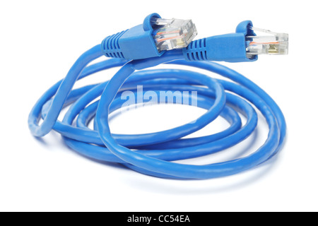 Close Up de câble réseau bleu et fiches sur fond blanc Banque D'Images