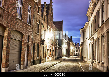 Tir de nuit d'une rue avec des maisons traditionnelles à Brugge (Bruges) en Belgique. Banque D'Images