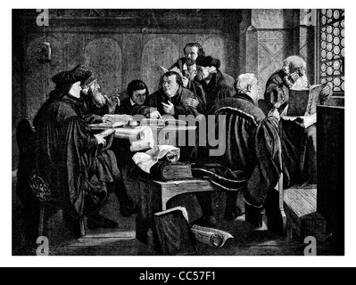 Martin Luther et ses compagnons la traduction de la Sainte Bible du latin à l'Allemand ensemble avec des amis dans le château de Wartburg Banque D'Images