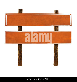 Ancienne plaque en bois - un pointeur vers les touristes, isolé sur fond blanc Banque D'Images