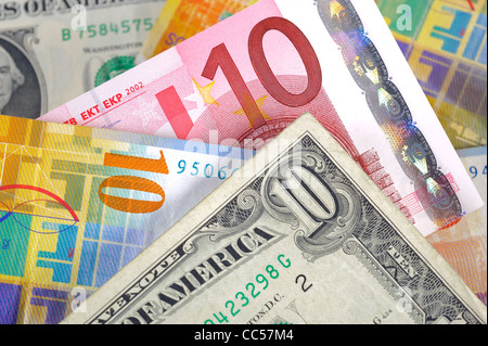 Dollar, euro et franc suisse service Banque D'Images