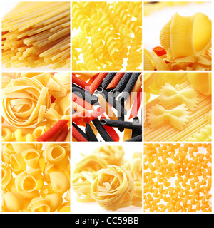 Photo de différents types de pâtes italiennes. Collage des aliments. Banque D'Images
