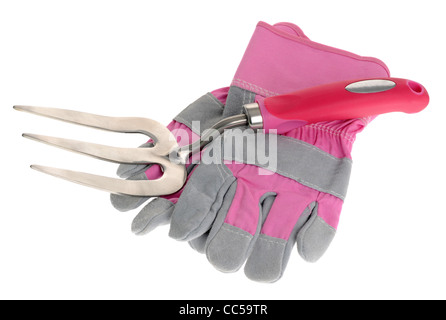 Gants de jardinage rose et petit tablier de jardinage sur un fond blanc Banque D'Images