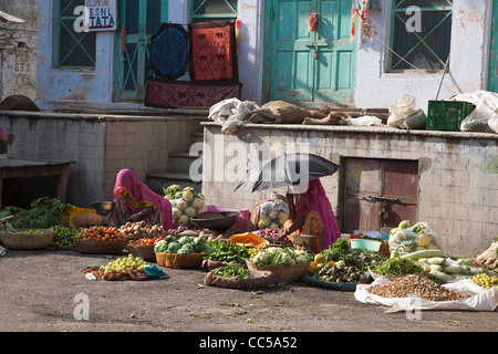 Deux femmes la vente des produits dans la rue, Pushkar Banque D'Images