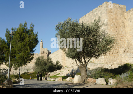 Communauté juive orthodoxe à deux murs de ville Promenade avec tour de David dans bkgd. Vieille ville de Jérusalem Israël. Banque D'Images