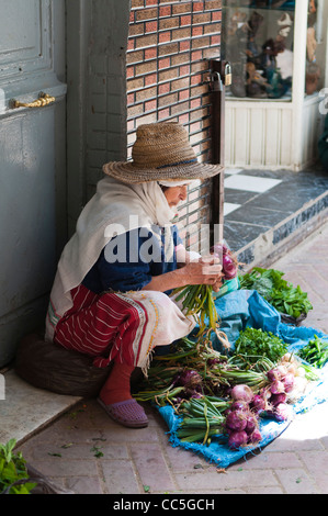 Femme qui vend des légumes dans la médina, Medina, Tanger, Maroc, Afrique du Nord Banque D'Images