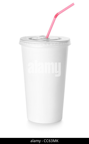 Tasse de papier blanc et rouge paille isolé sur fond blanc Banque D'Images