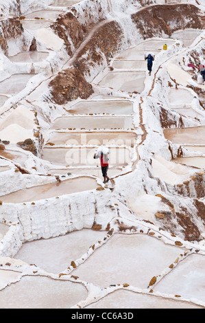Les hommes travailleurs Inca homme sac sacs de transport à Salinas de Maras les étangs d'eau salée avec terrasse panoramique, terrasses des mines Mines Vallée Sacrée, le Pérou. Banque D'Images