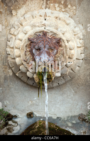 Une tête de lion fontaine sculpute à Lourmarin, Provence, France Banque D'Images