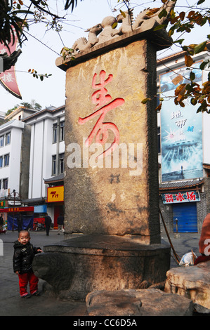 Stèle en pierre sculptée de caractère chinois Shou, Xing'an Road, Guilin, Guangxi, Chine Banque D'Images