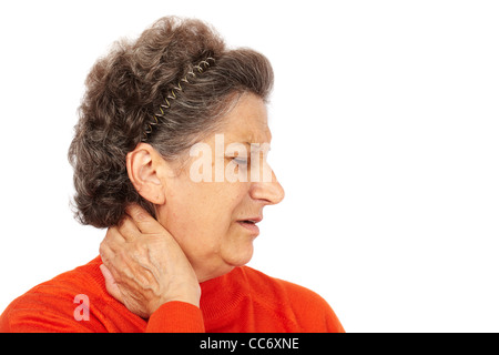 Senior woman with back neck pain isolé sur fond blanc Banque D'Images