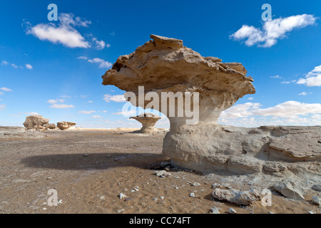 Inselbergs avec sable striée environnants dans le désert blanc, près de Farafra Oasis, Egypte Afrique Banque D'Images