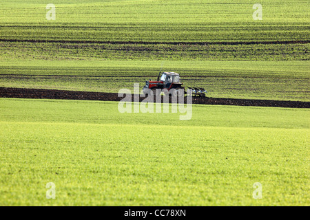 Le tracteur sur un champ, labourer le sol, préparer de nouvelles graines. Banque D'Images