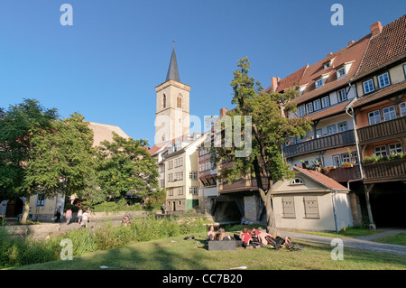 Pont du marchand, Kraemerbruecke et Église de Saint Aegidius, Erfurt, Thuringe, Allemagne, Europe Banque D'Images