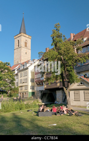 Pont du marchand, Kraemerbruecke et Église de Saint Aegidius, Erfurt, Thuringe, Allemagne, Europe Banque D'Images
