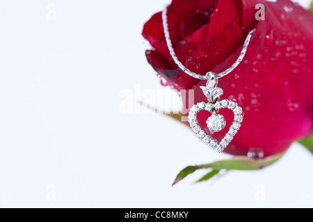 Pendentif Coeur avec diamant et rose rouge sur fond blanc Banque D'Images