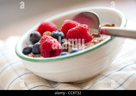 Bol de céréales avec framboises, bleuets et de lait pour déjeuner sain. Banque D'Images