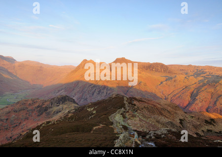 La lumière du soleil tôt le matin sur les Langdale Pikes. Prises de Lingmoor est tombé dans le Lake District Banque D'Images