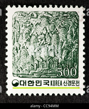 Timbre-poste de représentant de la Corée du Sud paysage de montagne en bas-relief de brique. Banque D'Images