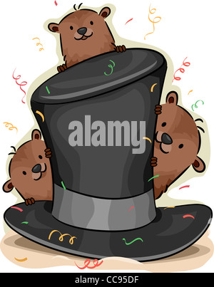 Illustration de marmottes Peeking de derrière un chapeau Banque D'Images
