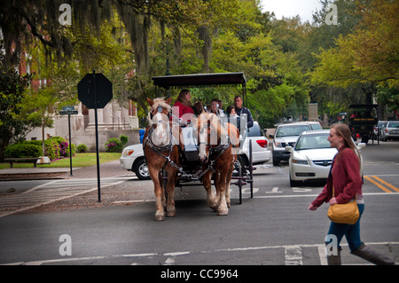 Les touristes étant indiqué dans le quartier historique de Savannah Georgia USA à partir d'une voiture à cheval Banque D'Images