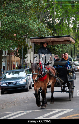 Les touristes étant indiqué dans le quartier historique de Savannah Georgia USA à partir d'une voiture à cheval Banque D'Images