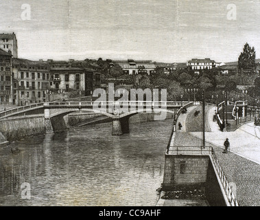 L'Espagne. Pays Basque. Bilbao. 19e siècle. Pont de Merced sur l'estuaire. Gravure, 1887. Banque D'Images