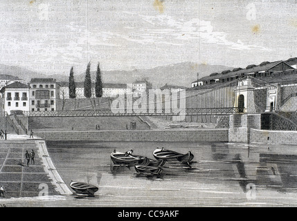 L'Espagne. Pays Basque. Bilbao. 19e siècle. Pont de Fueros sur l'estuaire. Gravure, 1887. Banque D'Images