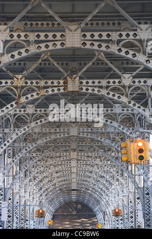 USA, New York City, feux de circulation sous le pont Banque D'Images
