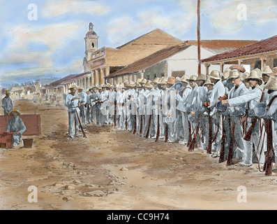 Guerre d'Indépendance cubaine (1895-1898) contre l'Espagne. Des troupes espagnoles au moment de l'appel nominal à Colon (Cuba). 1896. Banque D'Images