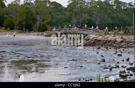 Les touristes de l'équitation sur Driftwood Beach sur Jekyll Island, Géorgie Banque D'Images