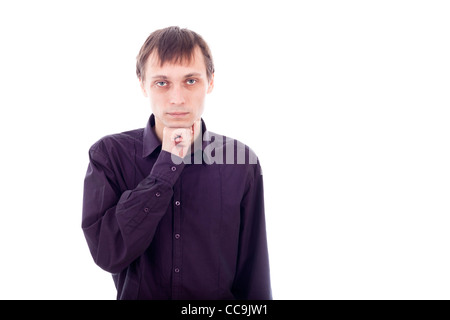 Portrait de weirdo man thinking, isolé sur fond blanc. Banque D'Images