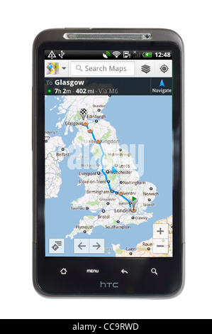 Google Maps Navigation par satellite sur un HTC Desire HD smartphone Android Banque D'Images