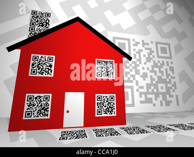 Les QR codes génériques dans un design sur le thème de l'immobilier. Elles sont maintenant utilisées pour la commercialisation de l'immobilier, la vente au détail, l'inscription d'information, etc. Banque D'Images