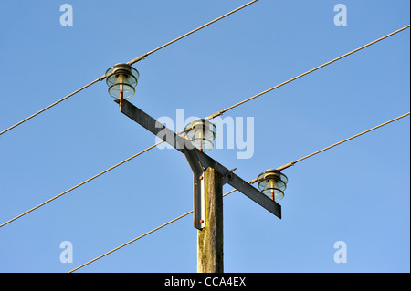 Des lignes électriques basse tension sur poteau en bois. Crags Newbiggin, Holme, Cumbria, Angleterre, Royaume-Uni, Europe. Banque D'Images