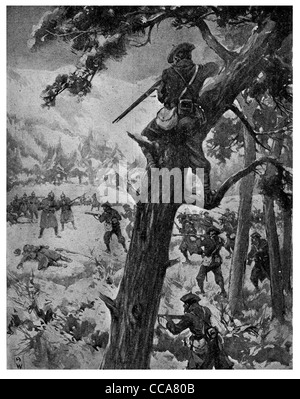 1915 Chasseurs Alpins Blue Devils haut d'arbres forestiers de pin lutte contre l'hiver neige froid camouflage sniper rifle fusil montagne des Français Banque D'Images