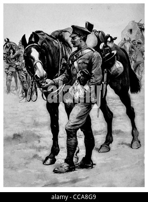 1916 Partage de Noël soldat loyal compagnon maître cavalier cheval selle cavalerie esprit hiver neige alimentaire alimentation traiter Banque D'Images