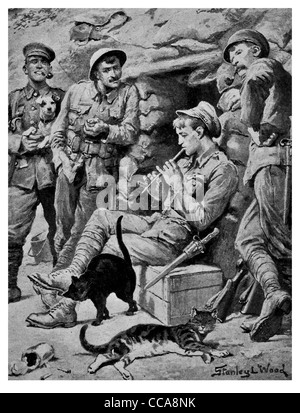 1917 tranchée creusée de soldat de la lecture de musique flûte whistle chat chats animal de sable chien, de la nourriture en baïonnette instrument pipe étain Banque D'Images