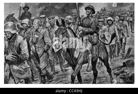 1917 000 prisonniers allemands prisonniers de guerre, western front line guard escort batte en bois chevaux blessés mars marche club Banque D'Images