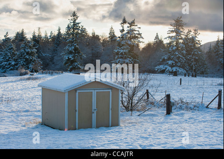 Un hangar est assis seul sur un nouveau jour de neige dans le nord-ouest du Pacifique. Banque D'Images