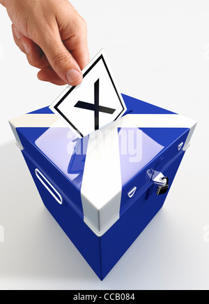 Placer la main masculine bulletin de vote dans l'urne écossais de St Andrews. Banque D'Images