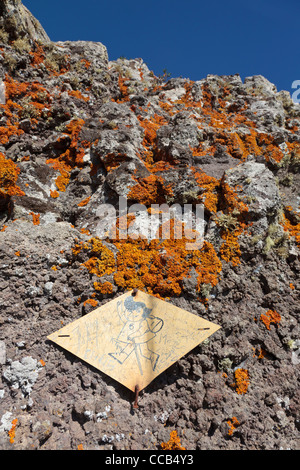 Un marqueur à pied cloué à roches avec lichen orange dans l'affaire Teno Alto Tenerife, Canaries, Espagne Banque D'Images