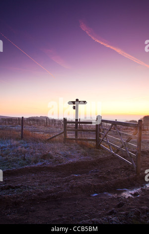 Un hiver glacial le lever du soleil sur la longue distance Ridgeway path au Hackpen Hill, Wiltshire, England, UK Banque D'Images