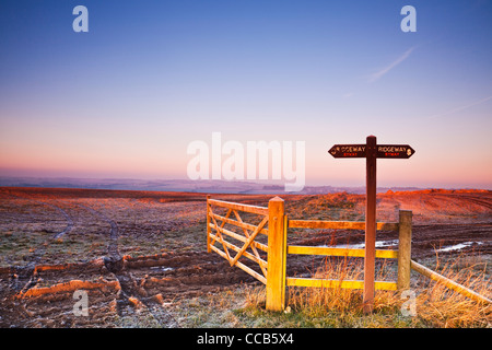 Un hiver glacial le lever du soleil sur la longue distance Ridgeway path au Hackpen Hill, Wiltshire, England, UK Banque D'Images