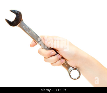 Avec l'outil clé à main de femme isolé sur fond blanc Banque D'Images