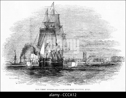 Circa 1844 gravure victorienne de la chasse à la baleine navire quittant le port de Hull England UK pour le Groenland Banque D'Images