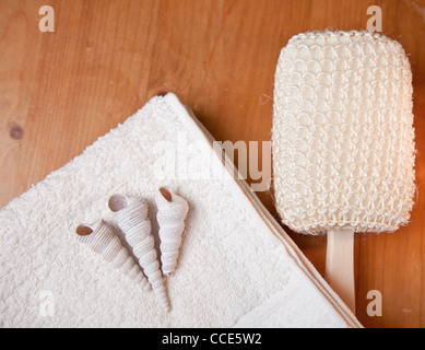 Baignoire ou douche de luxe avec une serviette, une brosse et d'obus sur table en bois Banque D'Images