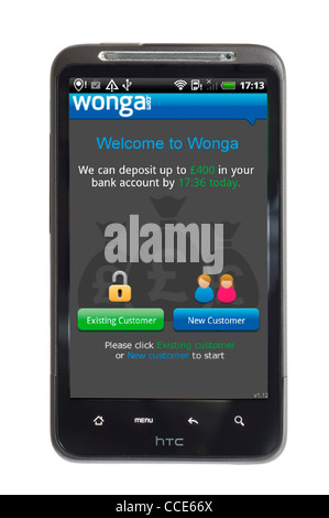 L'application Android de la société de prêt sur salaire au Royaume-Uni, Wonga, sur un smartphone HTC Banque D'Images