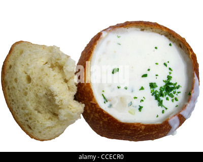 Close-up Vue de dessus d'un Clam Chowder over white Banque D'Images